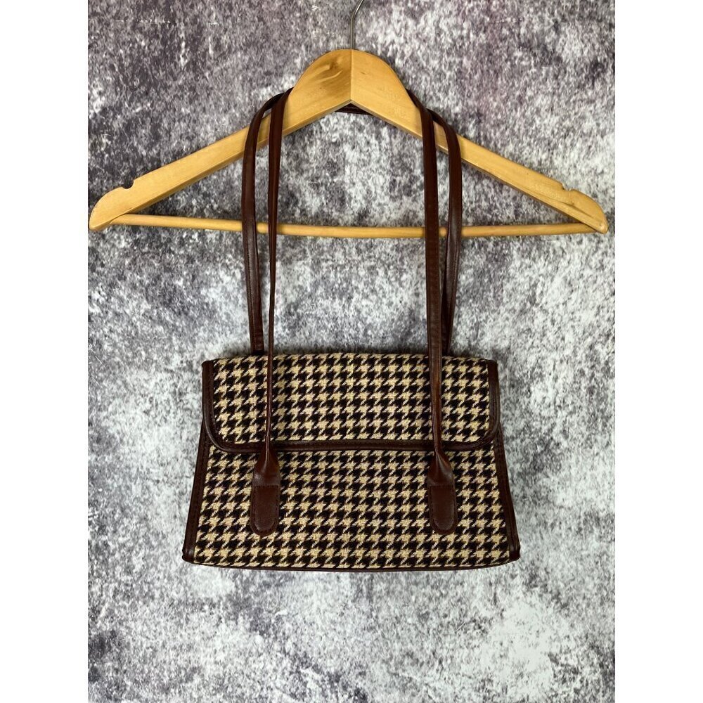 Houndstooth Brown Academia chic Fold Over Faux Leather Tote Purse Bag womens‎
